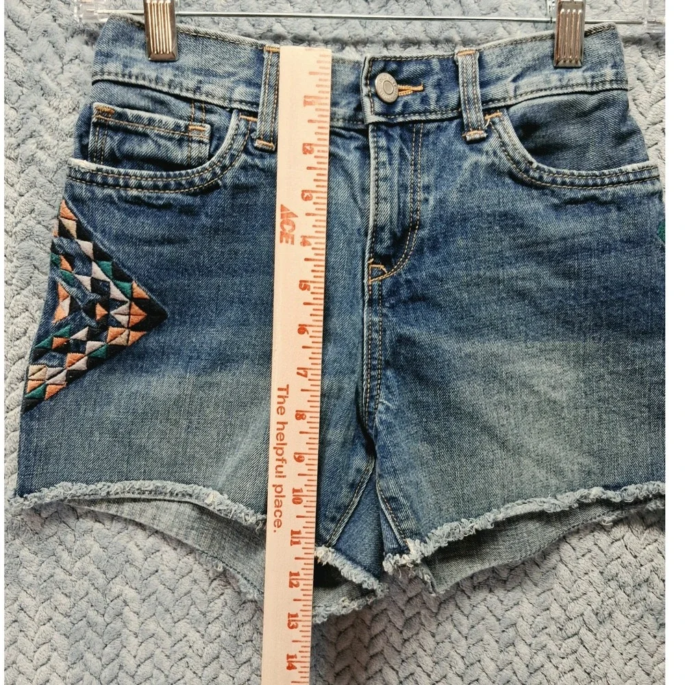 Old Navy Girls Blue Denim Embroidered Geometric Shorts Size 14 Frayed Hem
